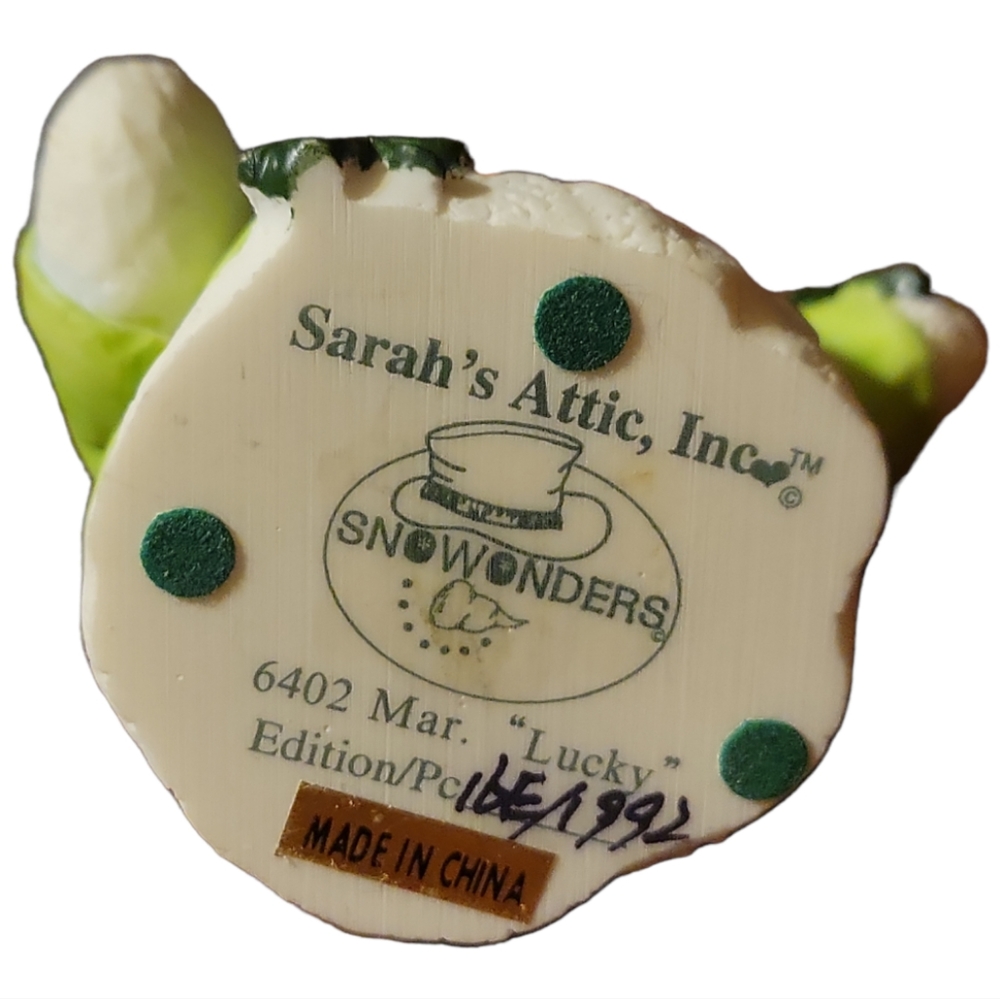 Vtg 98 Sarah's Attic SNOWONDERS Figurine March LUCKY 6402 St. Patrick’s Snowman - Picture 6 of 6